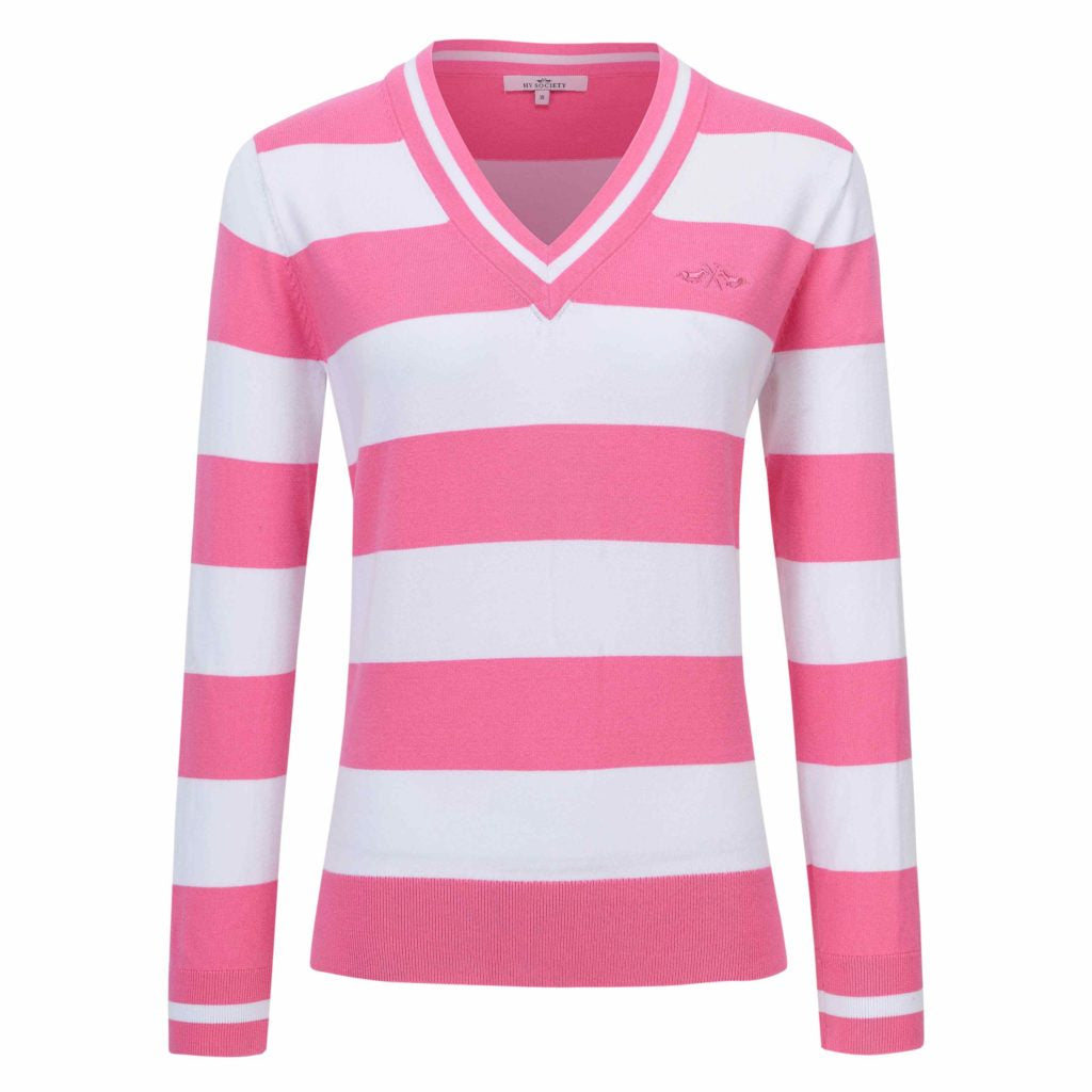 <p>HV Society Rhias vneck striped knit jumper in pink and white </p>