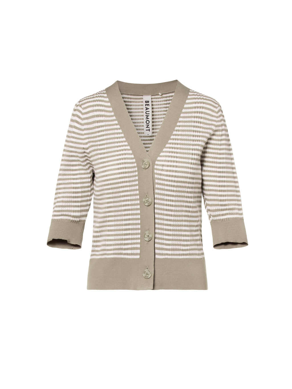 <p>Beaumont Finley horizontal stripe button up cardigan in khaki and white</p>
<p>Product code BC82540241</p>