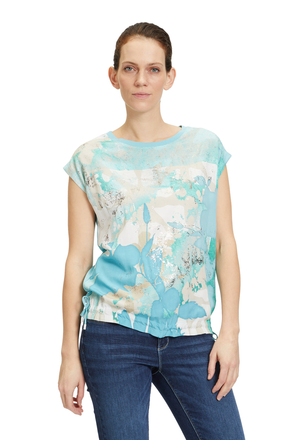 Betty & Co floral print tie hem tshirt in turquoise 

Product code 2048/3250
