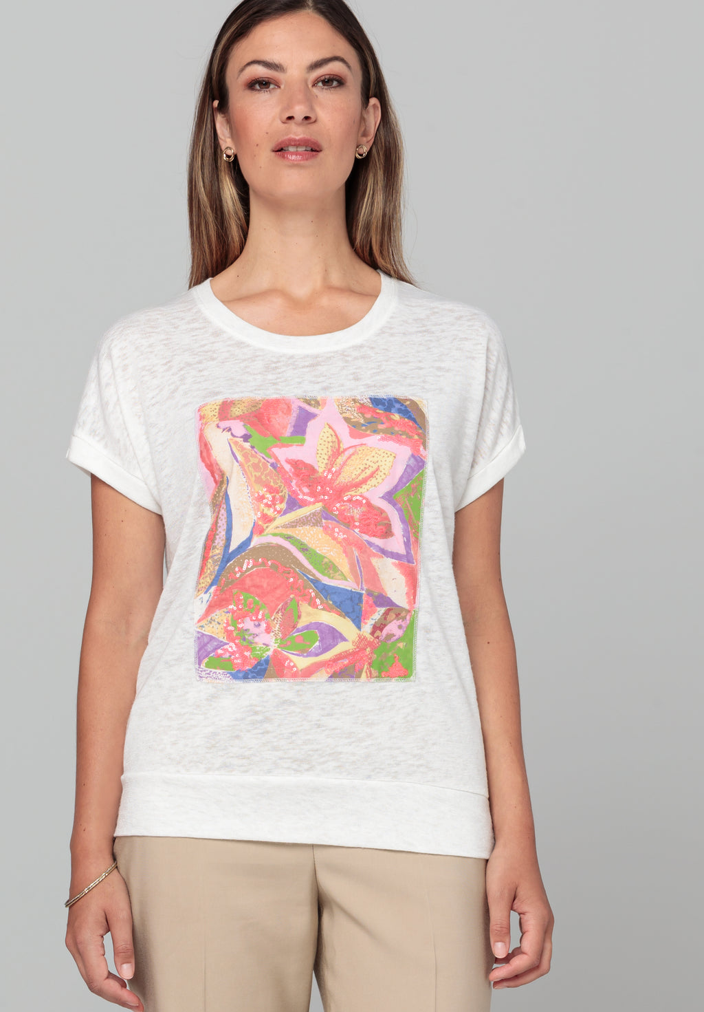 <p>Bianca Julie printed roundneck tshirt in white and coral</p>
<p>Product code 36246</p>