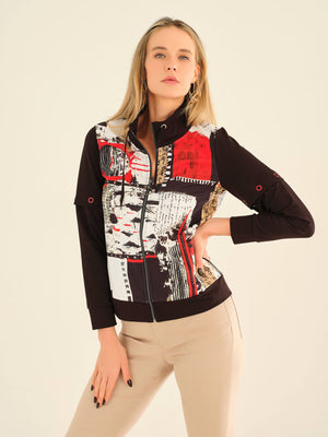 dolcezza artist print 'Bookworm' zip jacket in red & black