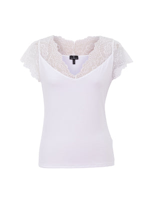 <p>Marble lace trim cap sleeve top in white</p>
<p>product code 7031-102 </p>