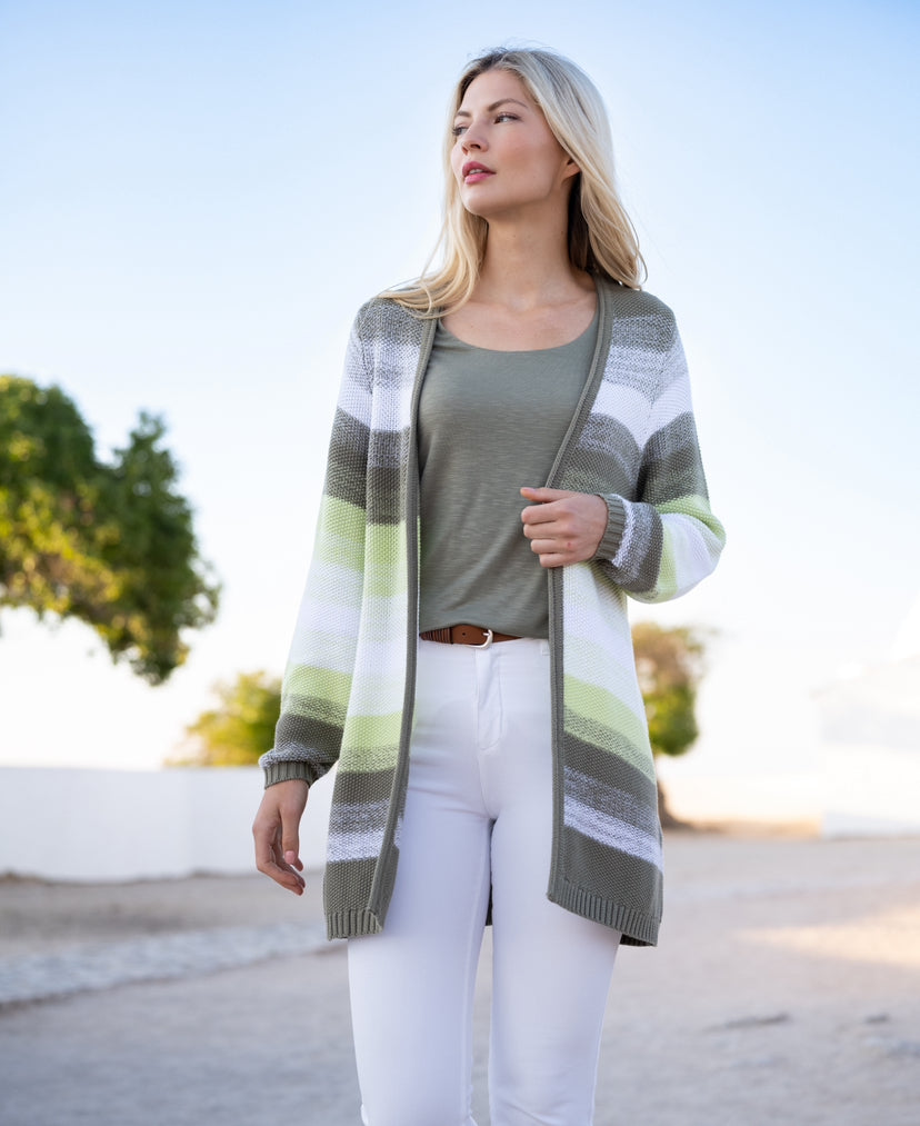 <p>Marble colour block stripe edge to edge knit cardigan in khaki green, lime green and white </p>
<p>product code 7447-216</p>