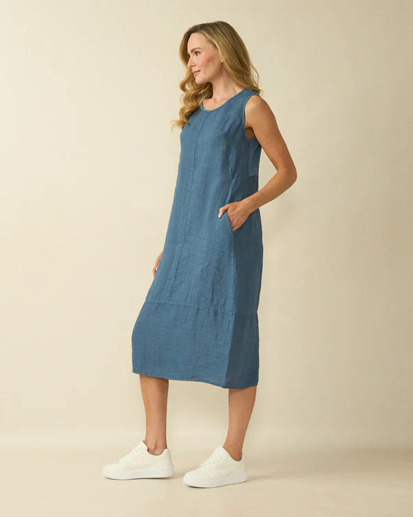 deck striped linen dress in navy