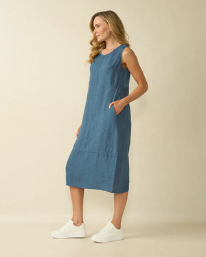 deck striped linen dress in navy