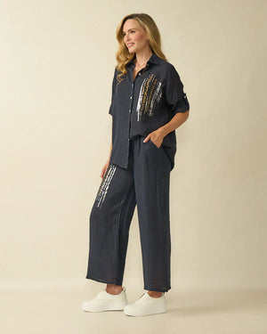 deck linen embellished shirt in navy