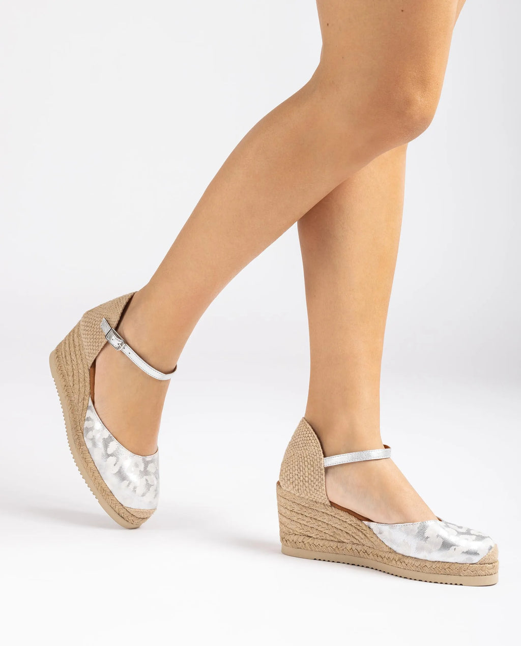 <p>Unisa Castilla espadrille wedge heels with silver leopard print pattern</p>