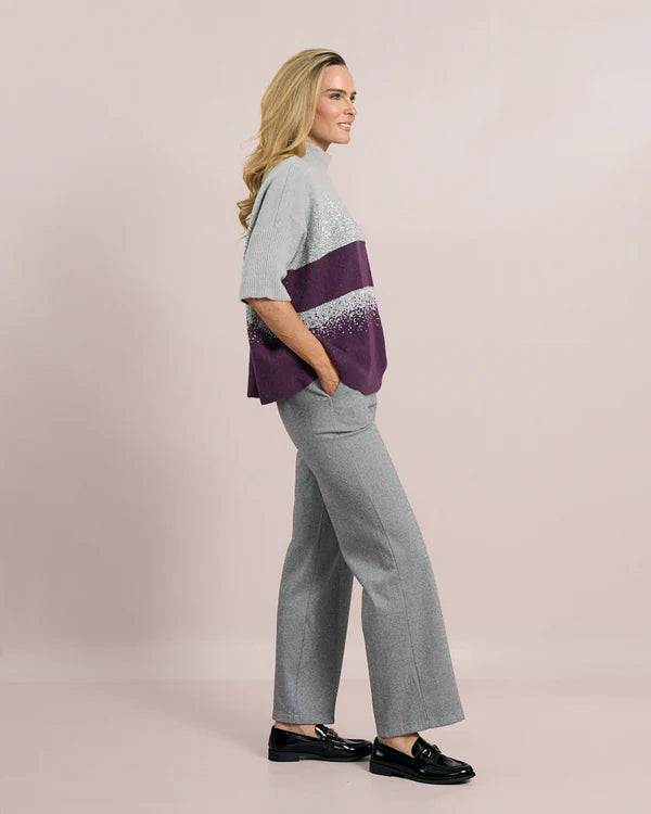 deck short sleeve knit in grey & mulberry