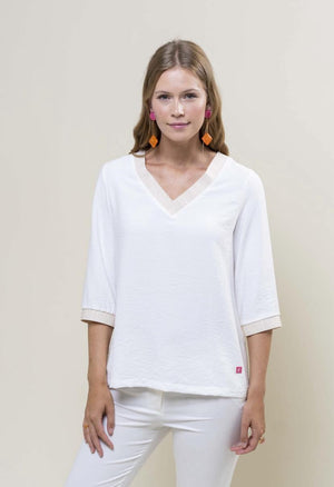 <p>Hongo unconditional tape vneck style top with turnup detail on sleeves in off white</p>