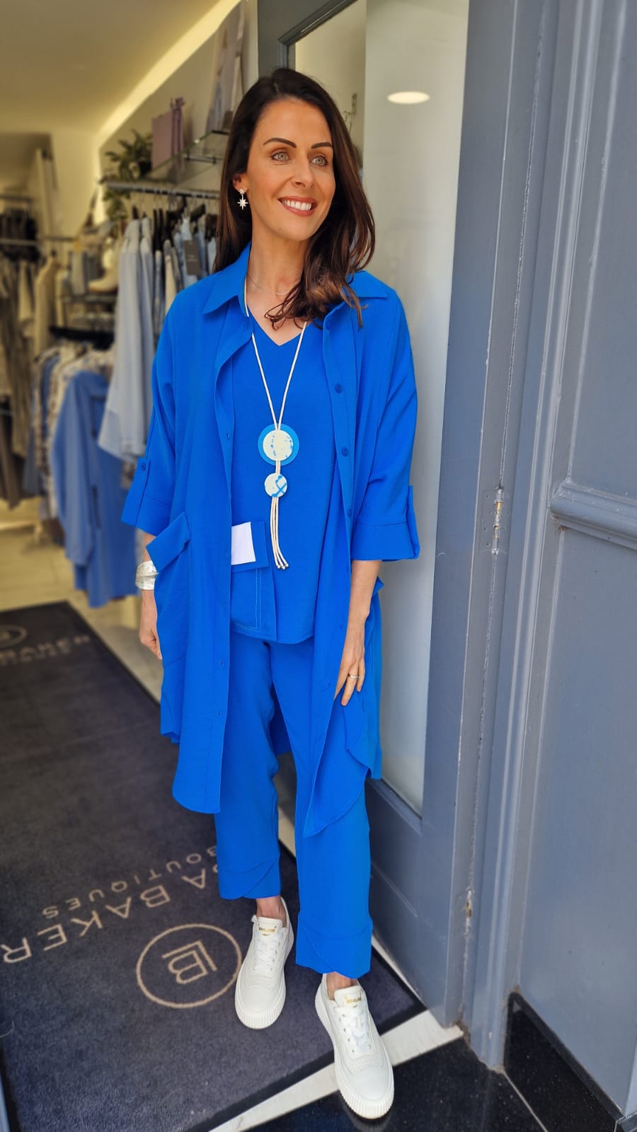 I.NCO longline shirt dress in blue, can also be worn as a duster coat with turn up sleeves and pocket details, product code 2106-29 (front)