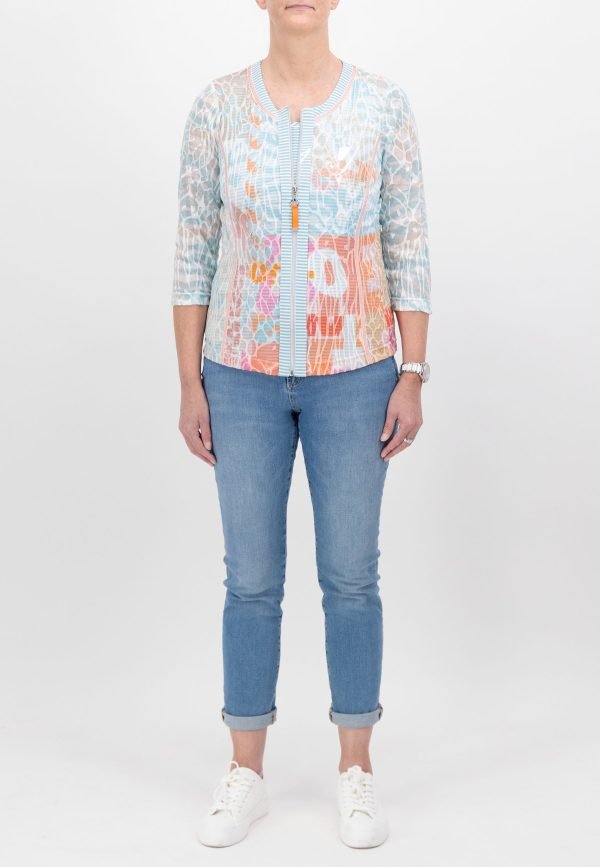 Just White pattern light zip up jacket in aqua. product code j4723 (front)
