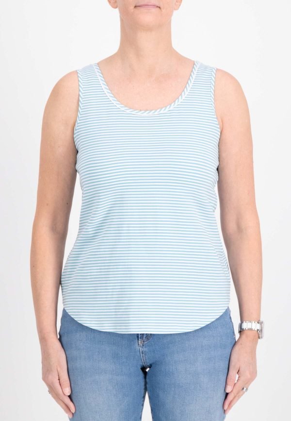 Just White Round Neck Striped Vest in aqua. Product code J4274 (front)
