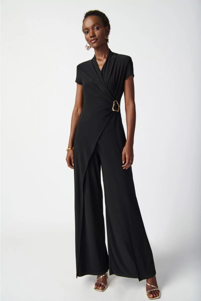 <p>Joseph Ribkoff cap sleeve wrap style wide leg jumpsuit in black with gold buckle detail </p>
