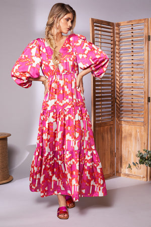 Kate Cooper printed Boho style satin tier dress with vneck, puff sleeves and twist back detail in pink KCS24118 (front)