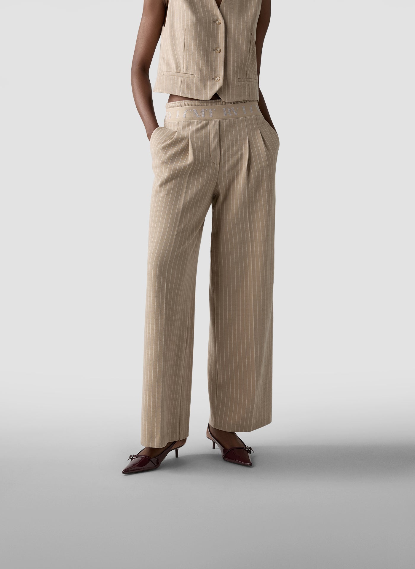 le comte pin stripe wide leg trousers in beige