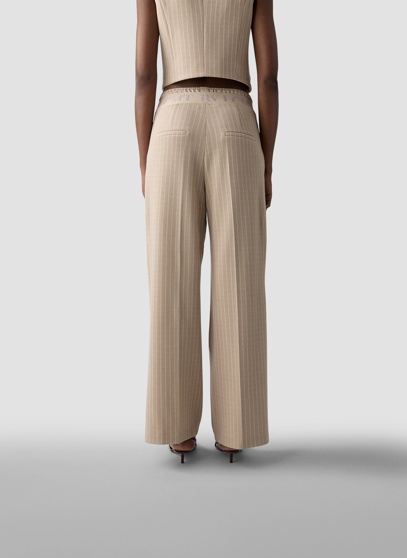 le comte pin stripe wide leg trousers in beige