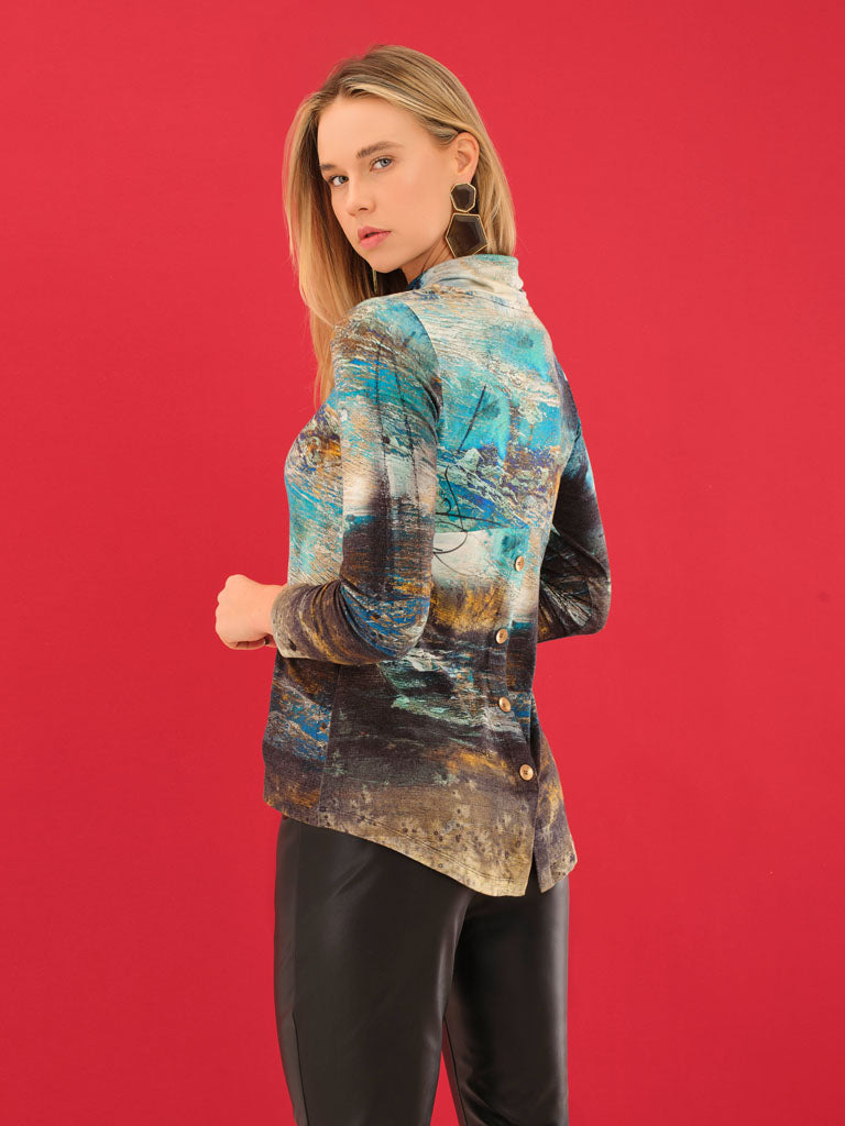 dolcezza artist print 'life's too short' highneck top in teal