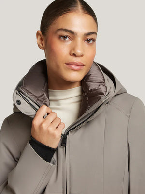 creenstone may pleated coat in smokey taupe