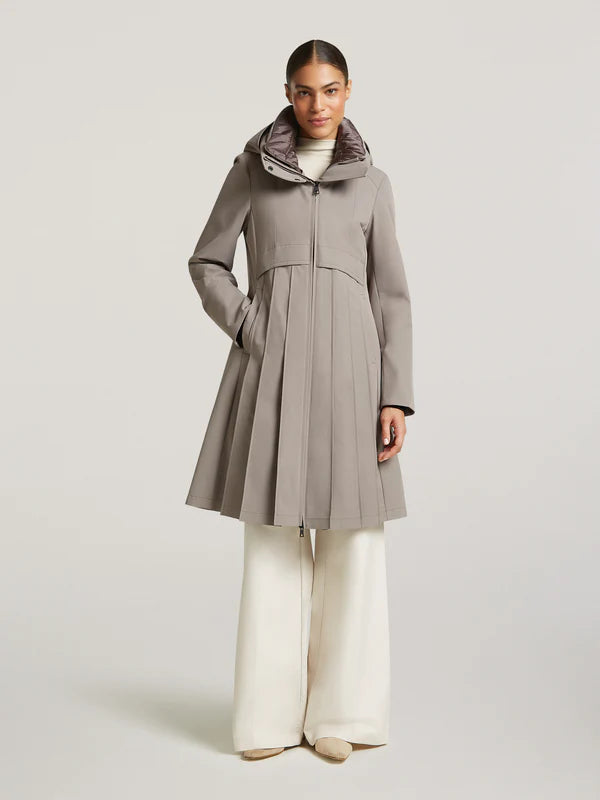 creenstone may pleated coat in smokey taupe