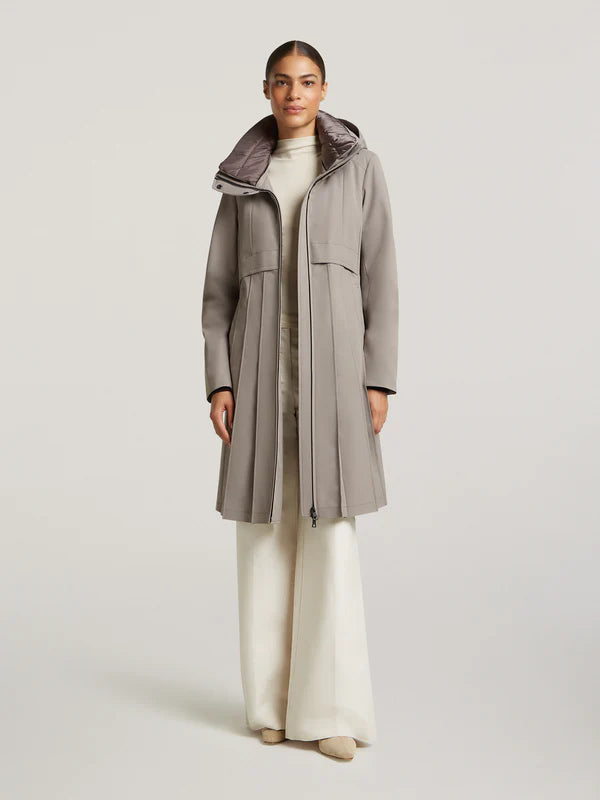 creenstone may pleated coat in smokey taupe