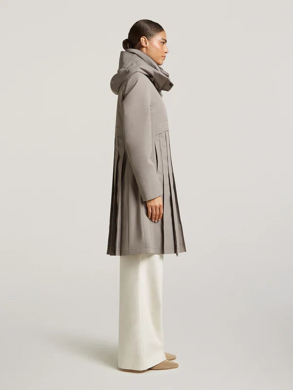 creenstone may pleated coat in smokey taupe