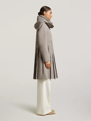 creenstone may pleated coat in smokey taupe
