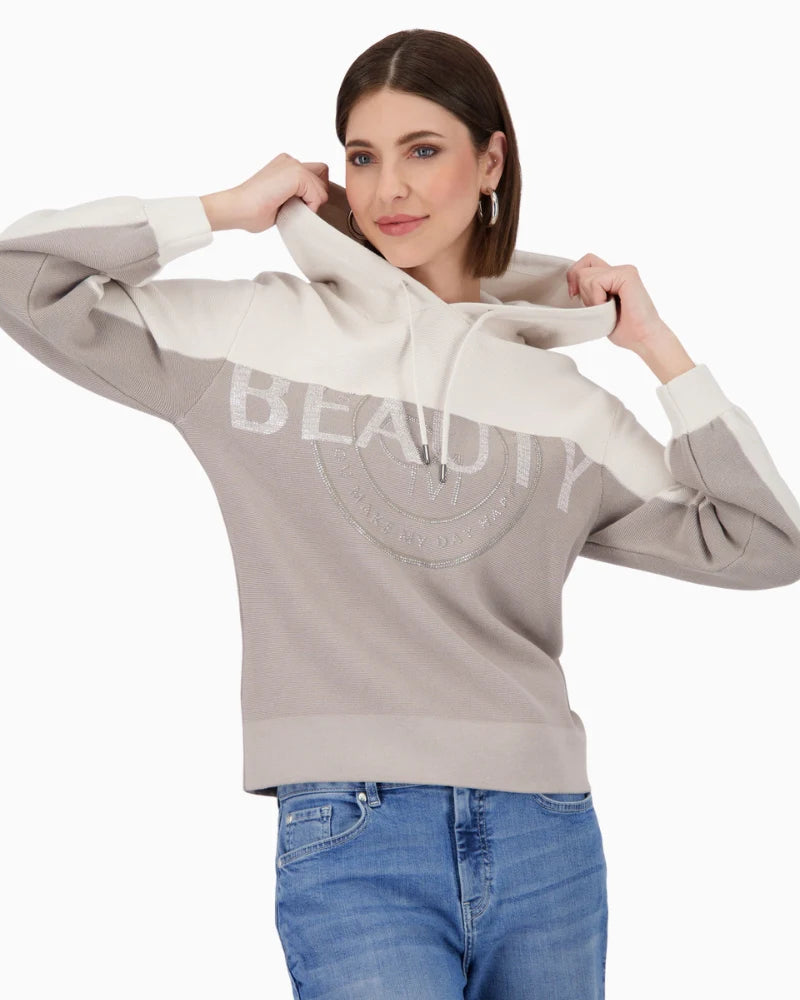 Monari two tone knit hoodie in taupe