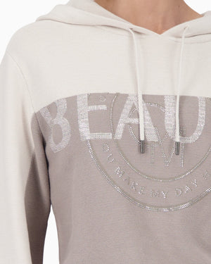 Monari two tone knit hoodie in taupe