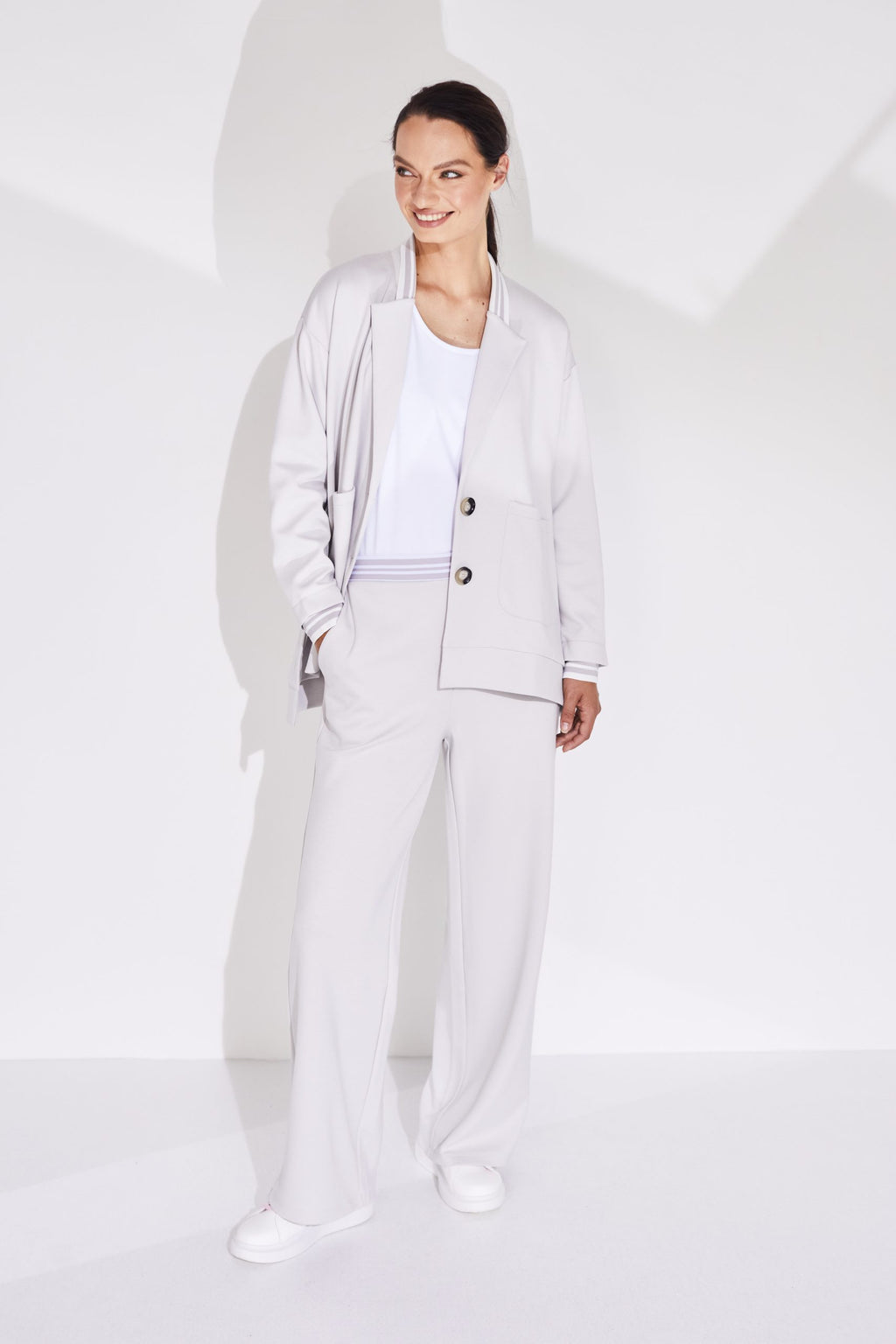NAYA jersey style wide leg sporty trousers with elasticated waistband in stone