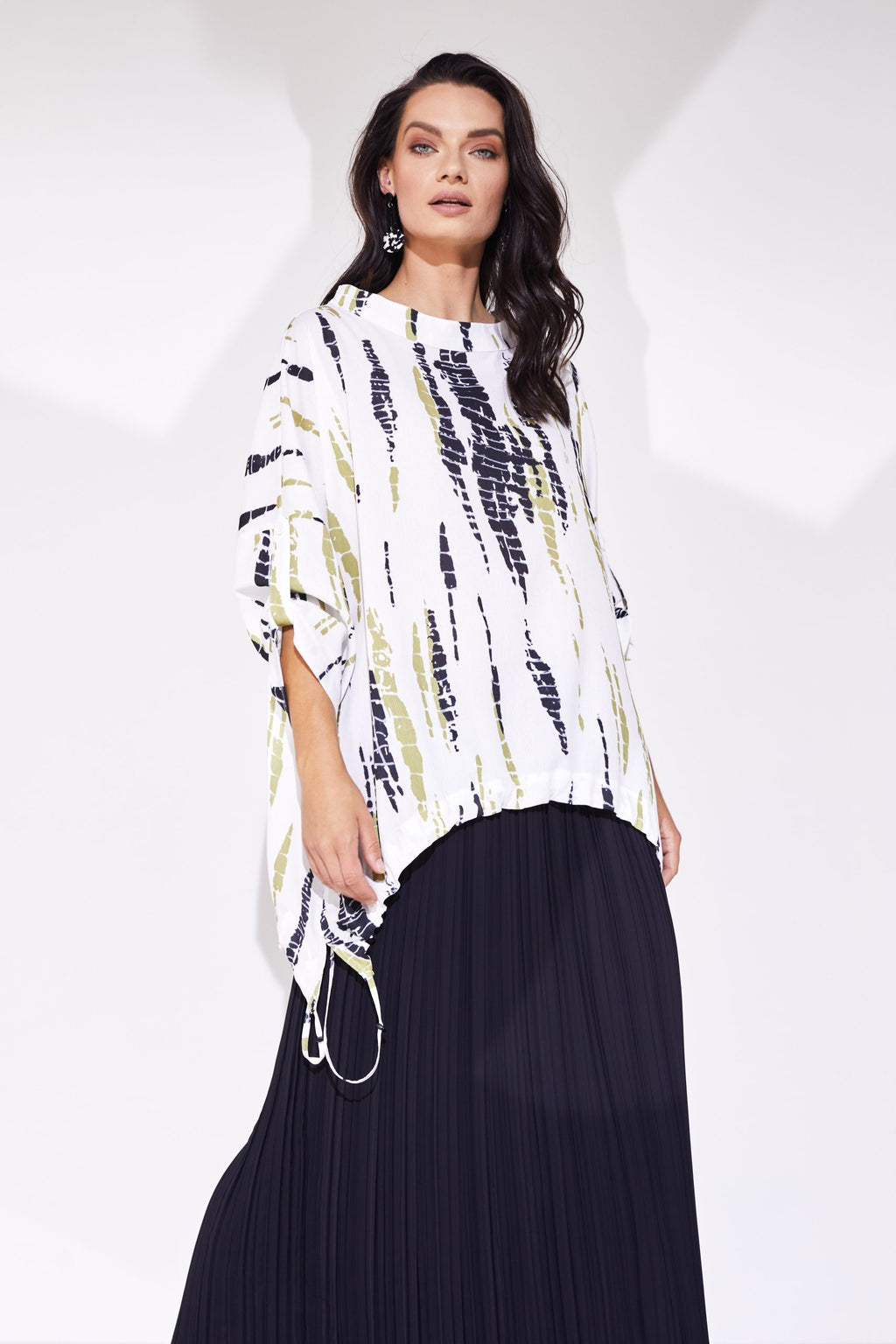Naya wide neck drawstring hem top in white with black and olive print, NAS24130 (front)