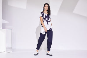 NAYA classic gathered cuff trousers in navy travel fabric, product code NAS24101 (front)