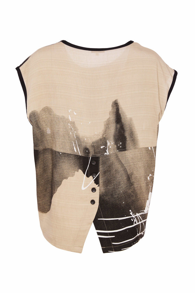 naya drizzle print sleeveless top in black & taupe (back)