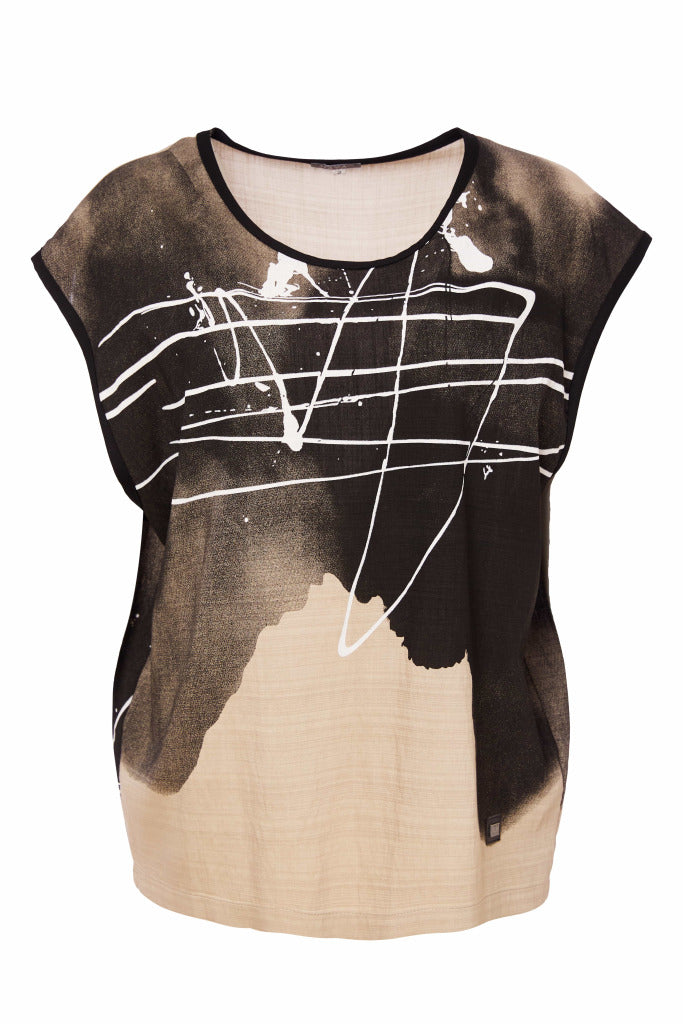 naya drizzle print sleeveless top in black & taupe (front)