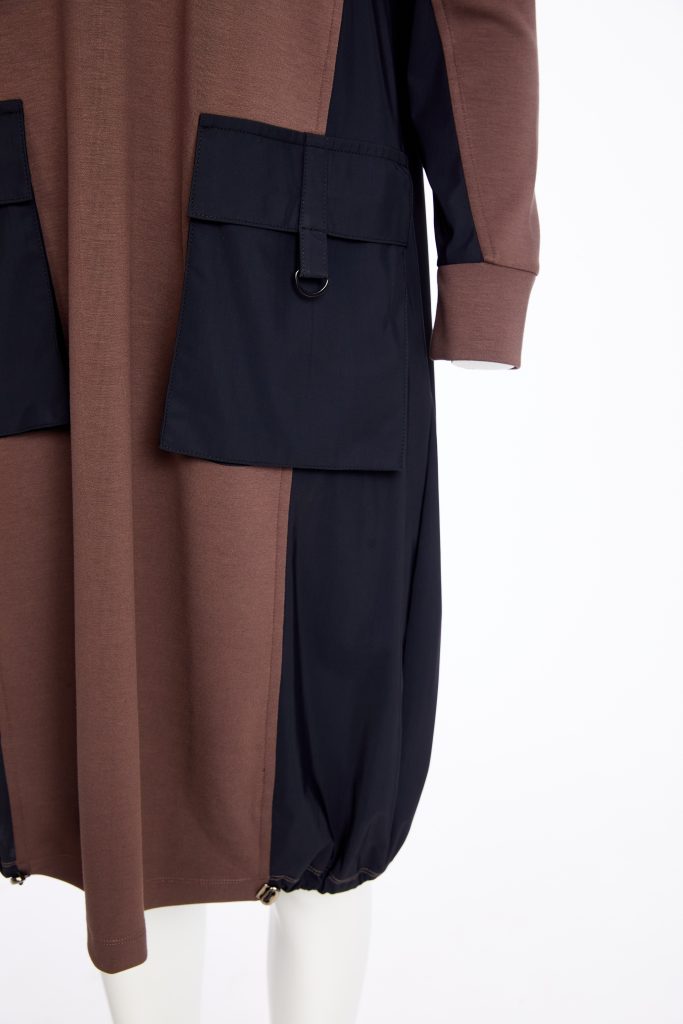 naya contrast hood and sides dress in cocoa & black