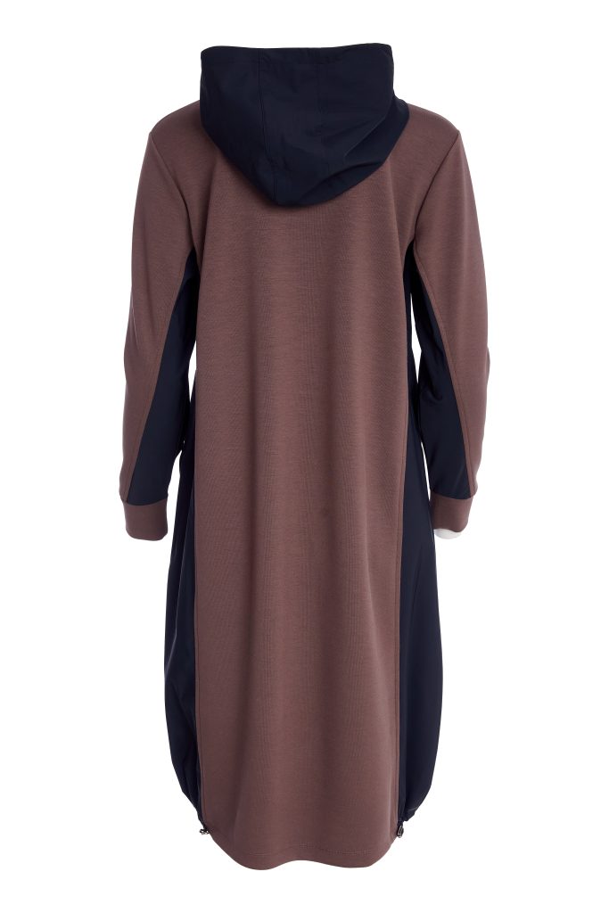 naya contrast hood and sides dress in cocoa & black