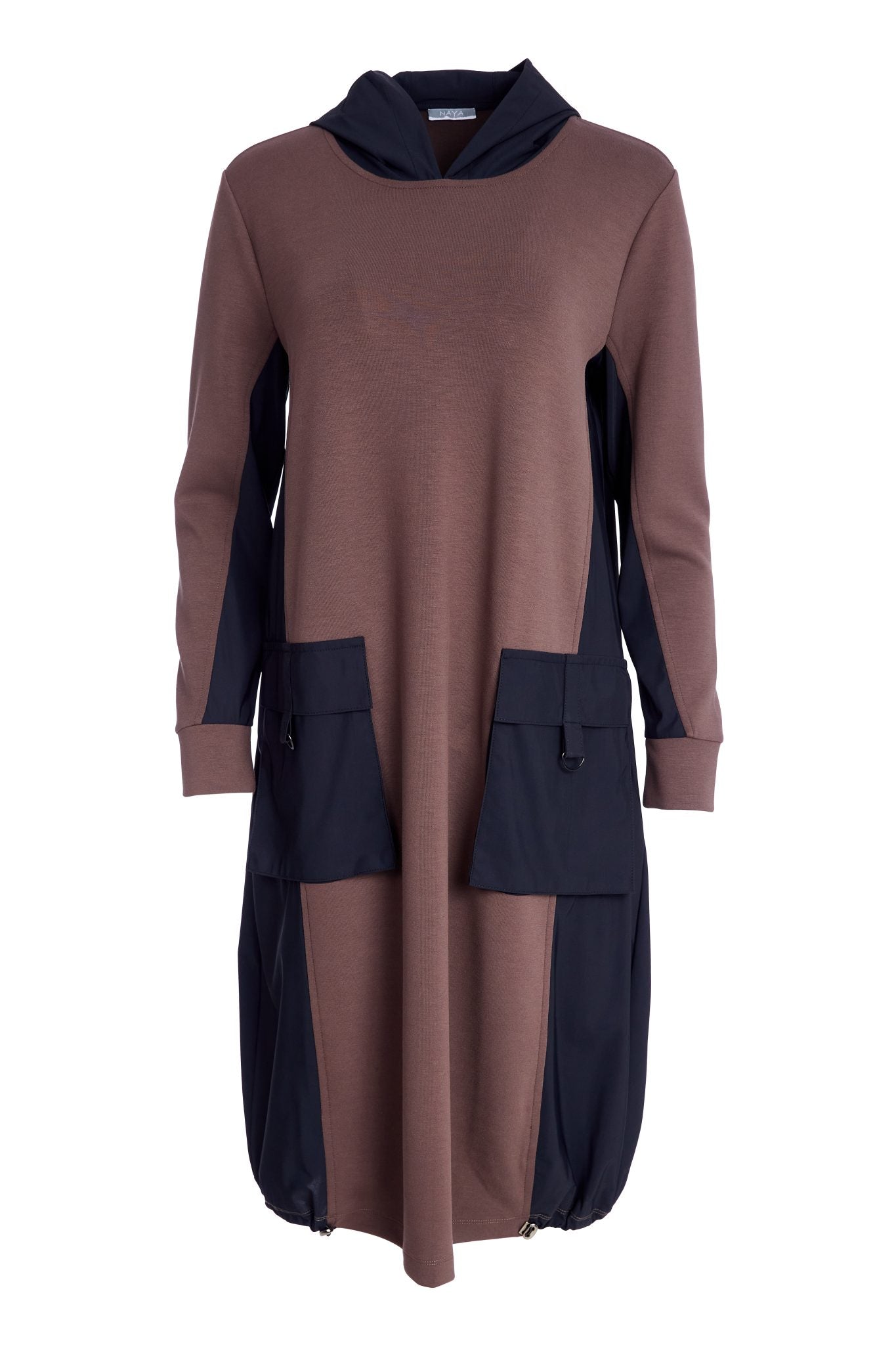 naya contrast hood and sides dress in cocoa & black