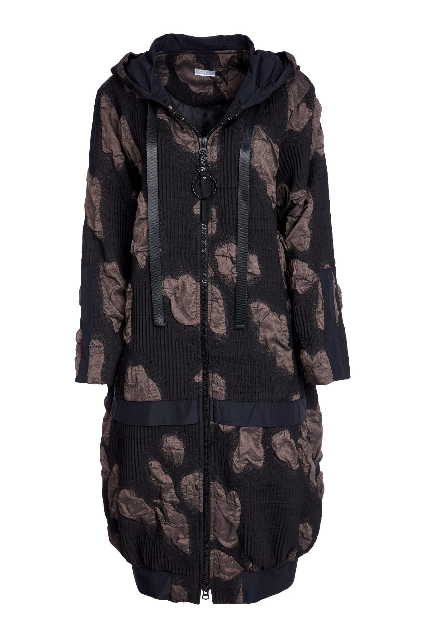 naya jacquard long coat in cocoa & black