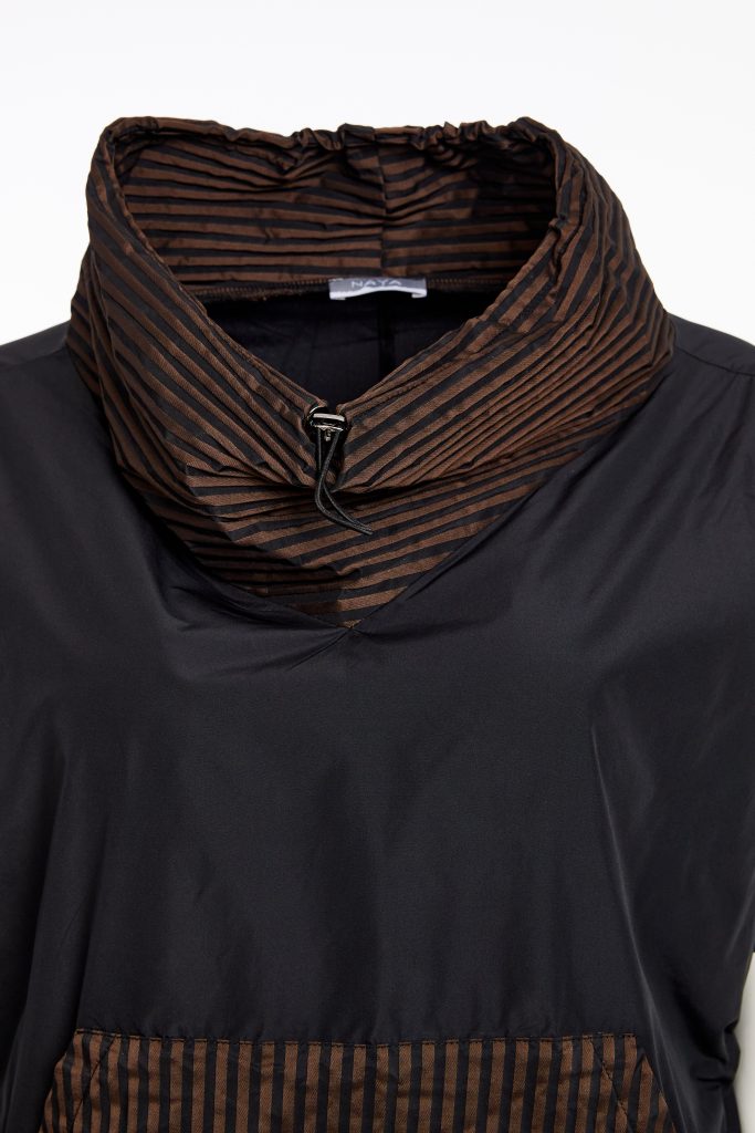naya drawstring hem top with stripes in black & cocoa