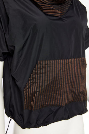naya drawstring hem top with stripes in black & cocoa