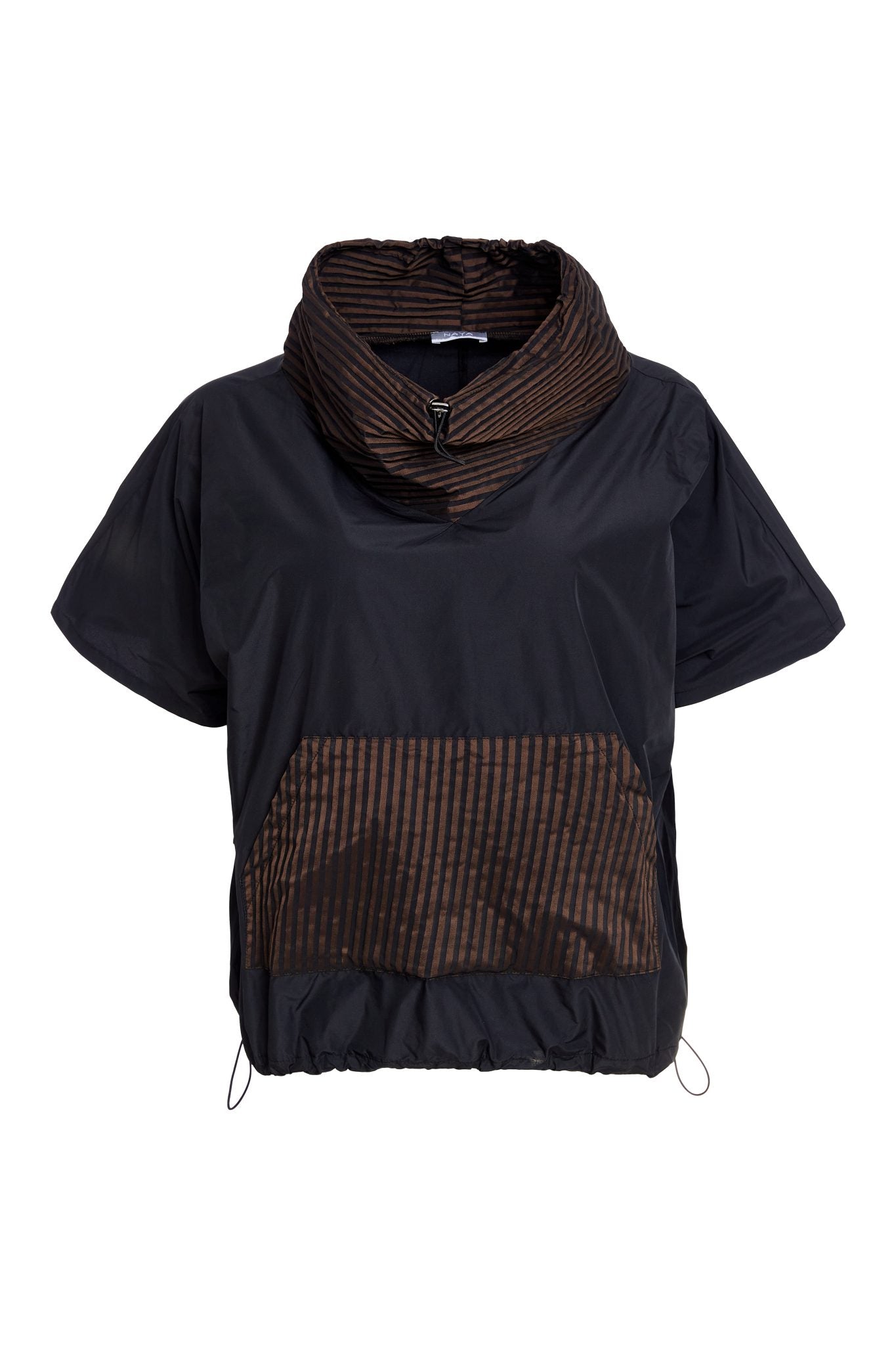 naya drawstring hem top with stripes in black & cocoa