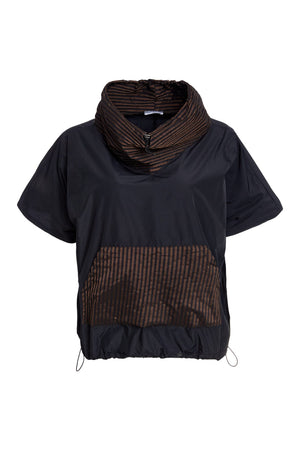 naya drawstring hem top with stripes in black & cocoa
