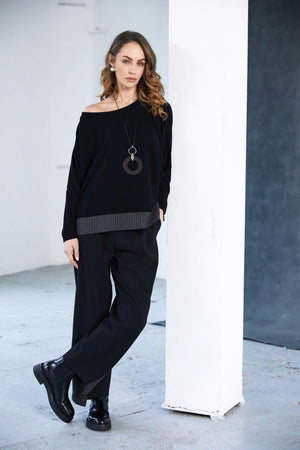 naya round neck top with stripped hem in black & grey