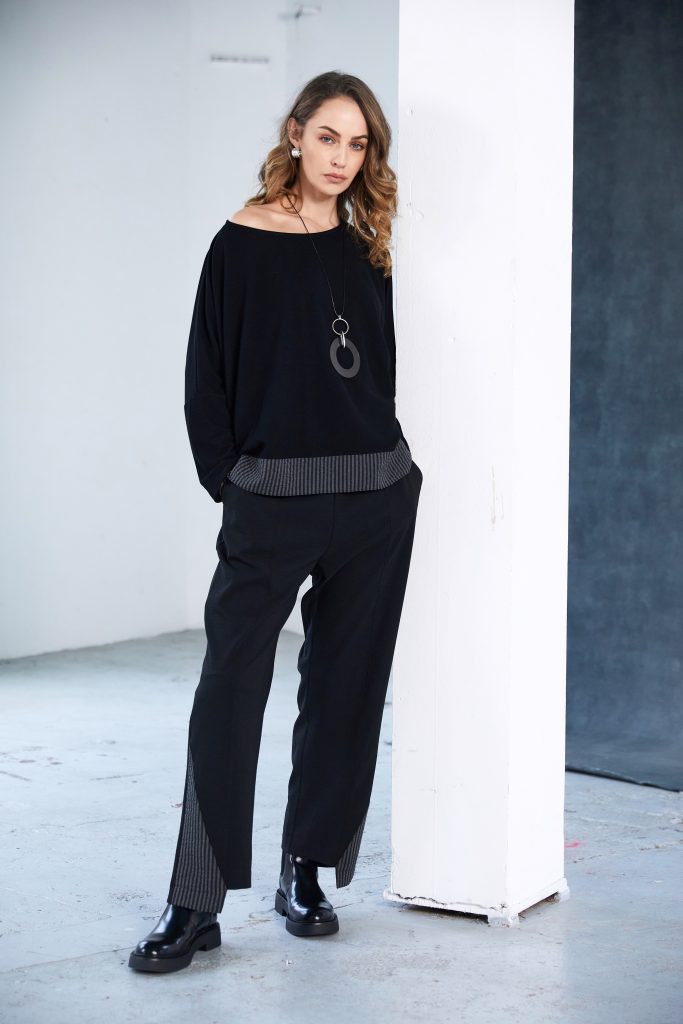 naya round neck top with stripped hem in black & grey