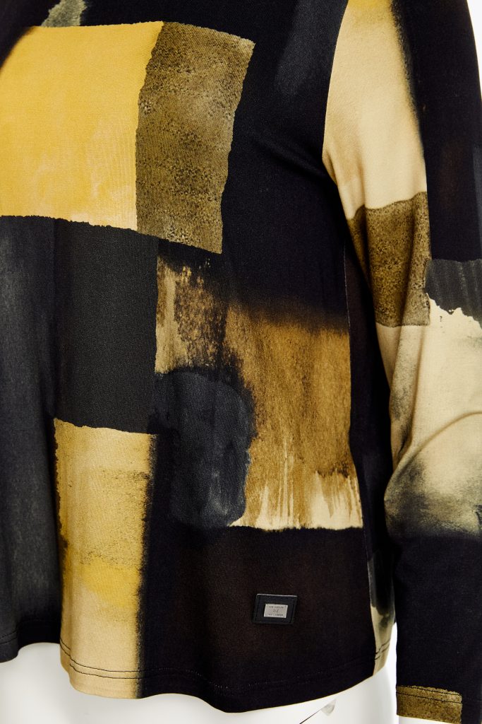 naya print long sleeve top with wide neck in saffron & black