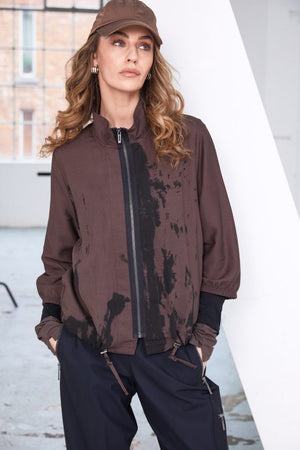naya print zipped drawstring hemline jacket in black & brown
