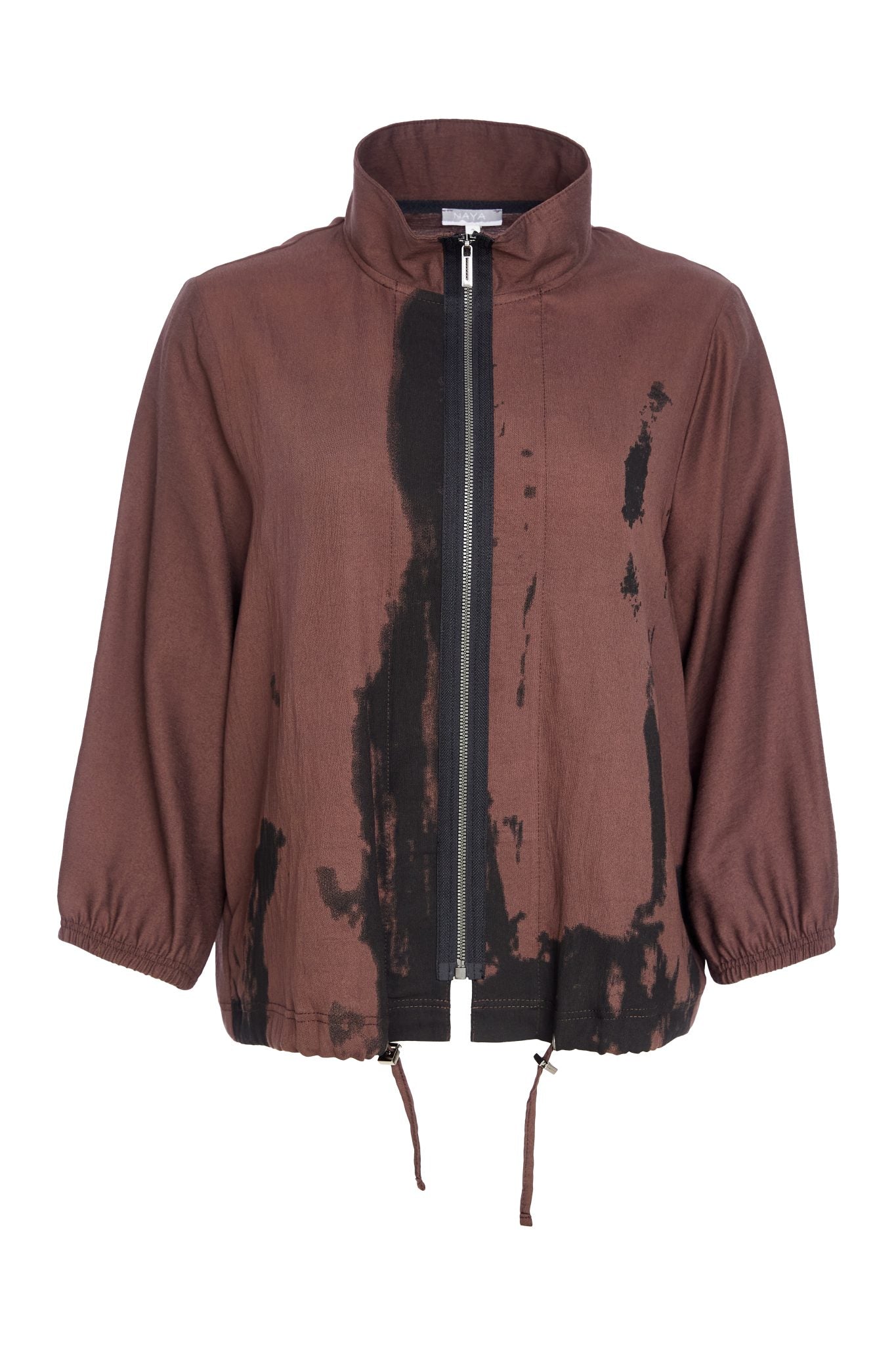 naya print zipped drawstring hemline jacket in black & brown