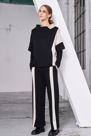 naya wide leg contrast panel trousers in black & sand