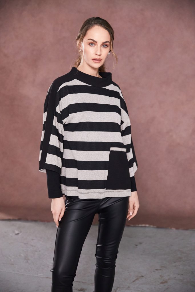 naya high neck stripped top with pocket in black & sand