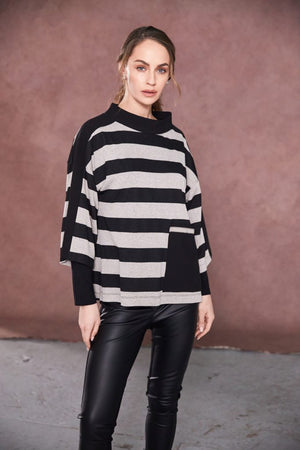 naya high neck stripped top with pocket in black & sand