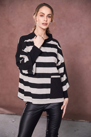 naya high neck stripped top with pocket in black & sand
